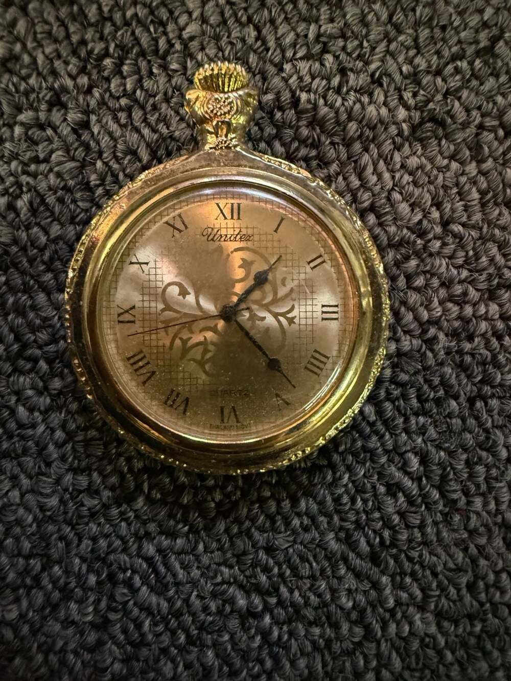 Unitex Gold Tone Floral Etched Quartz Pocket Watch